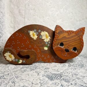 Vintage hand-painted floral wooden cat doorstop